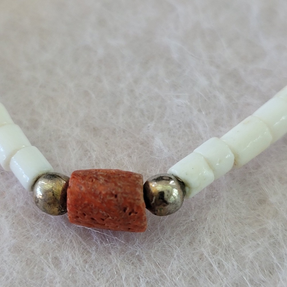 Southwestern Genuine Coral White Shell Heishi Choker Necklace 14in